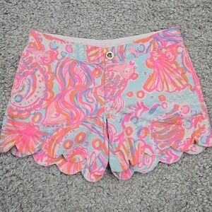 Lilly Pulitzer Buttercup Shorts Womens 00 Pink Blue Scalloped Hem Preppy Coastal